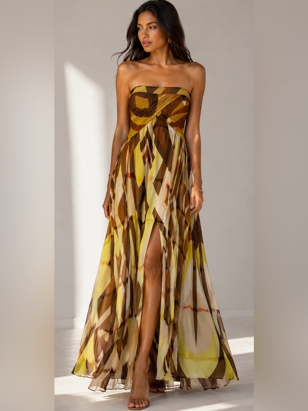 EMILIO PUCCI Brown Yellow Geometric Crossover Strapless Flowy Maxi 44 US 10 Y2K